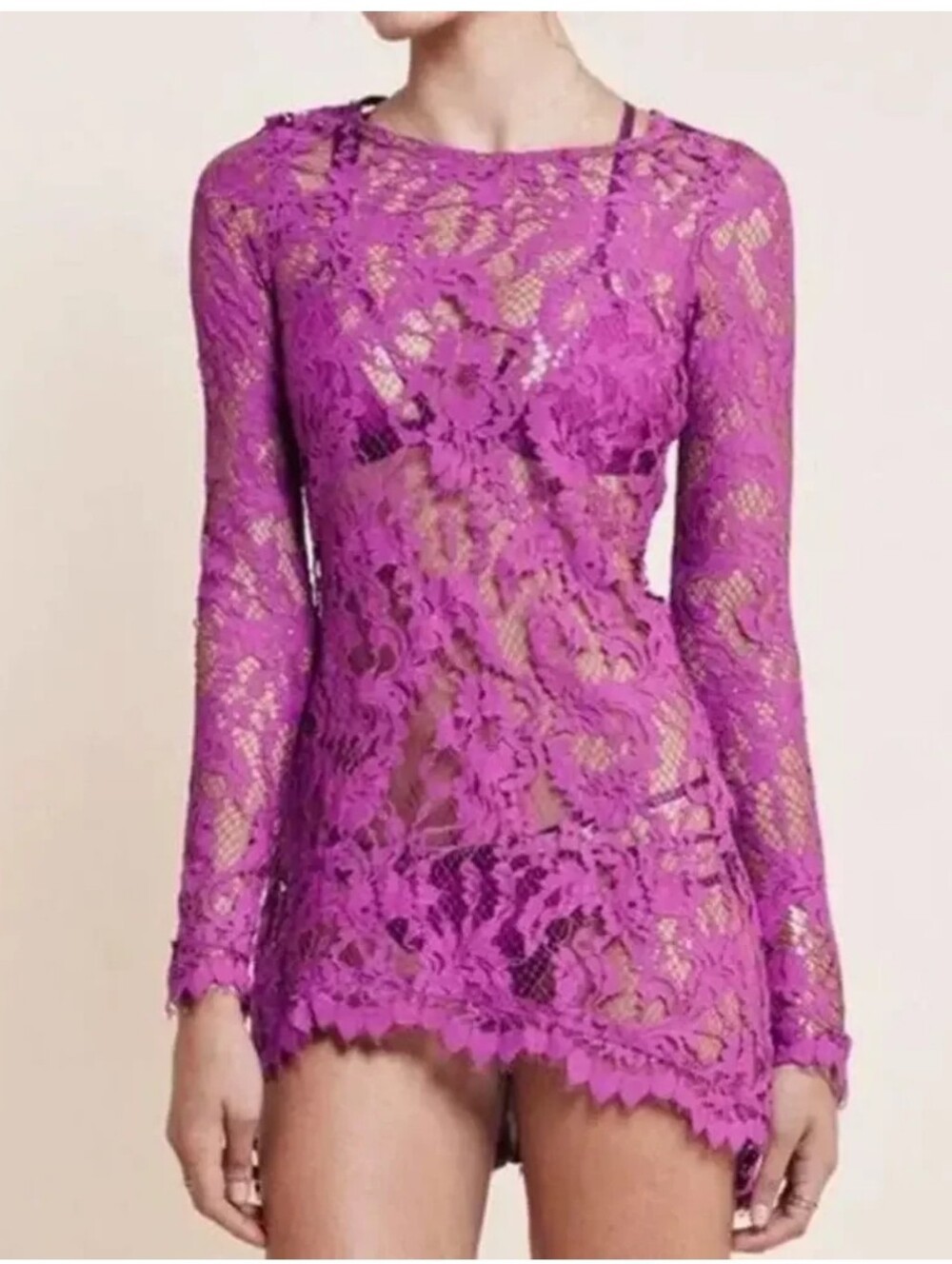 For Love & Lemon Maui Waui Lace Long Sleeve Mini Dress In Orchid